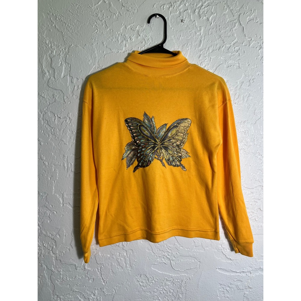 Extra‎ Vintage Yellow Butterfly Graphic Turtleneck Sweatshirt Womens Small Gold